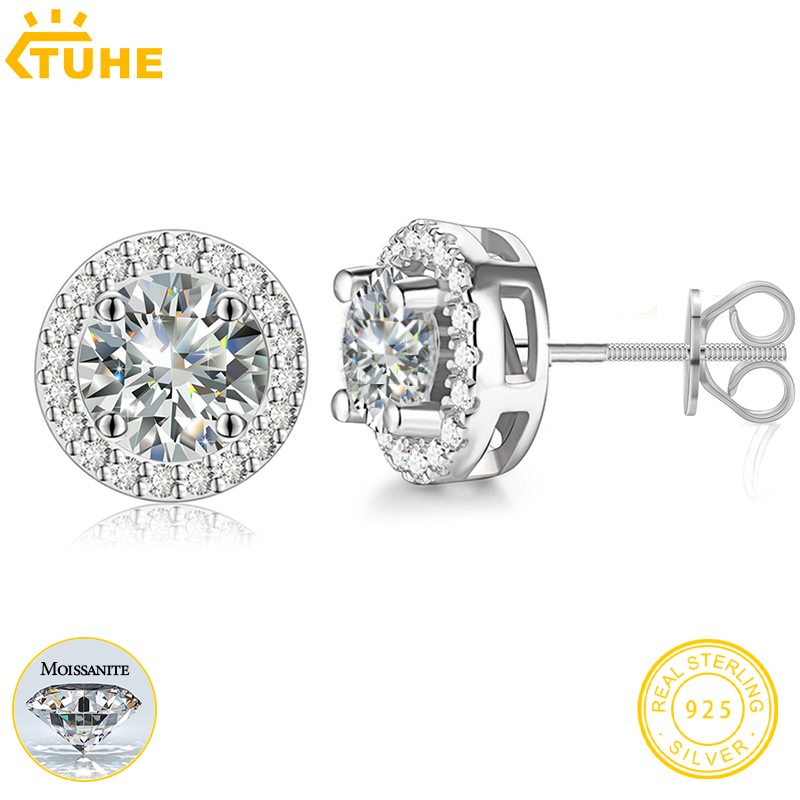 Boucles d'oreilles halo en moissanite TUHE, 0,2-8,0 ct, 3-10 mm, plaqué or blanc 18 carats, argent sterling 925, boucles d'oreilles en moissanite pour femmes et hommes