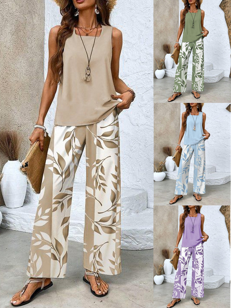 Damen Freizeit 2-teiliges Outfit Ärmelloses Tanktop + Blattdruck Weite Hose Set Sommer Urlaub Loungewear