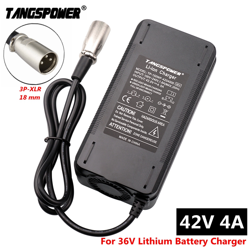 36V Charger 42V 4A Lithium Battery Charger For 10S 36V Li-ion Battery Pack 3-Pin XLR Connector 150W Fast Charging With Fan