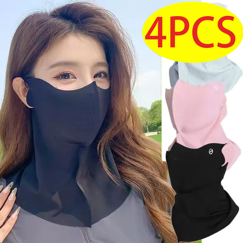 Conjunto de 4 Máscaras Protetoras UV para Mulheres, Véus de Verão para Pescoço e Rosto, Máscaras Respiráveis de Seda Gelada para Proteção Solar ao Ar Livre