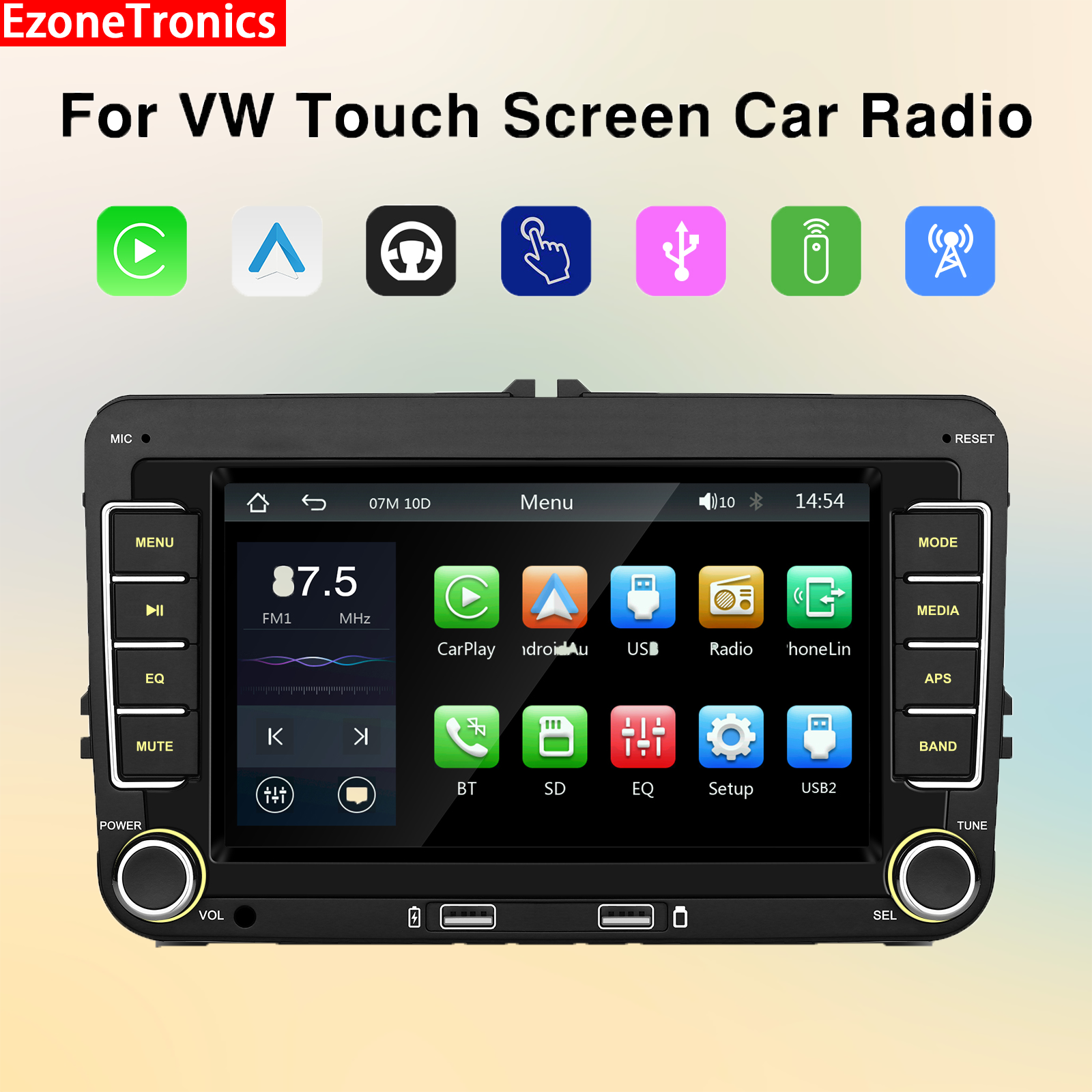 Ezonetronics VW 7-calowy uniwersalny samochodowy stereo CarPlay Head Unit Bluetooth FM Radio GPS do VW Passat Golf MK5 MK6 Jetta T5 EOS POLO