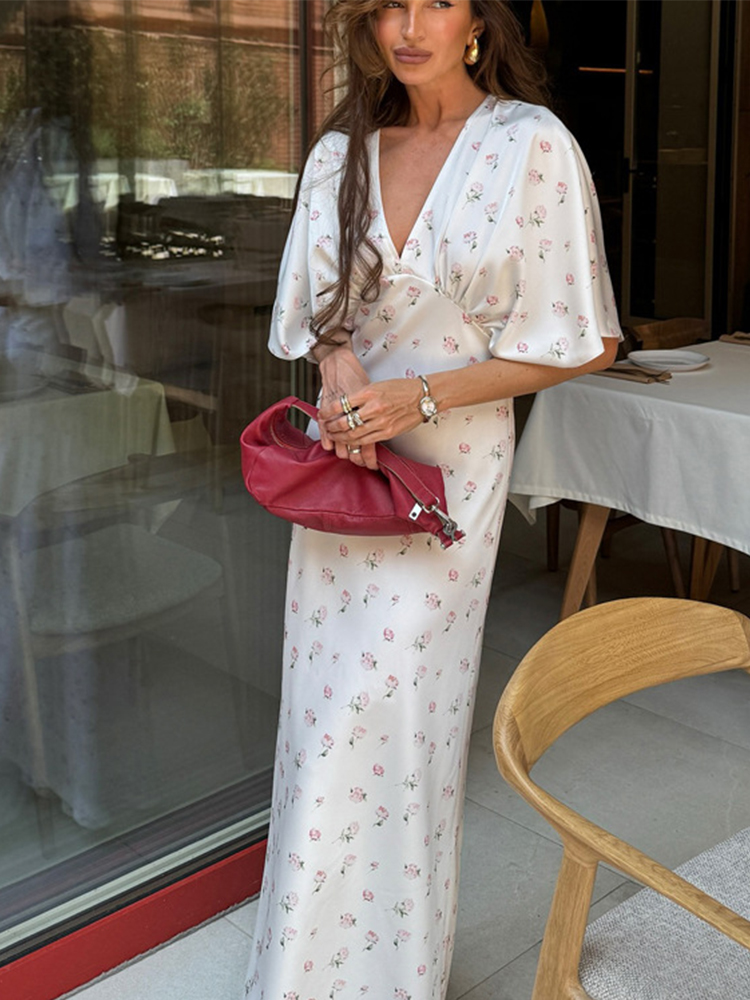 Vestido largo blanco con estampado floral para mujer, vestido ajustado de cintura alta con cuello en V y manga de murciélago, informal, para verano, vacaciones, fiesta