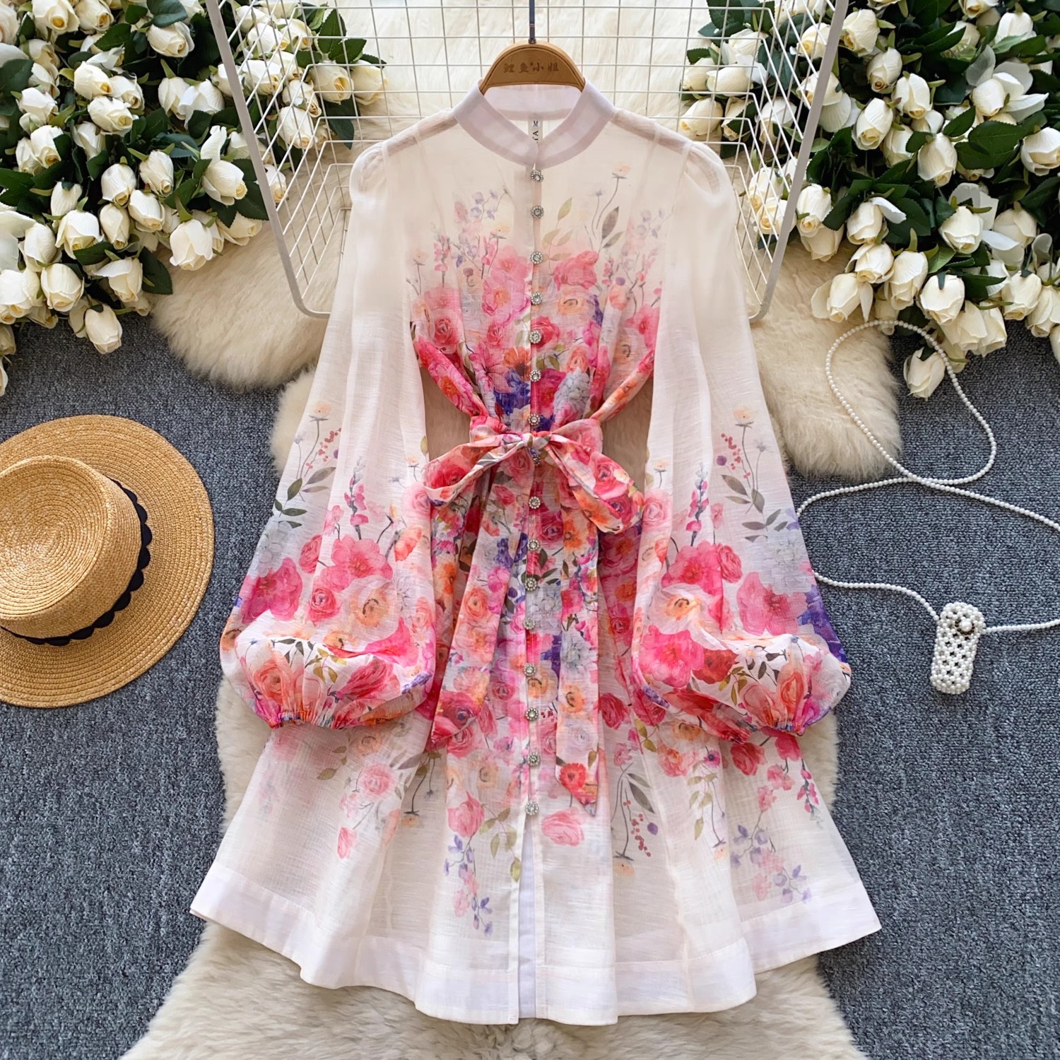 Precioso vestido de playa de flores para vacaciones de verano, vestido femenino de manga larga acampanada con cuello levantado, cinturón de una sola botonadura, Vestidos de fiesta con cordones