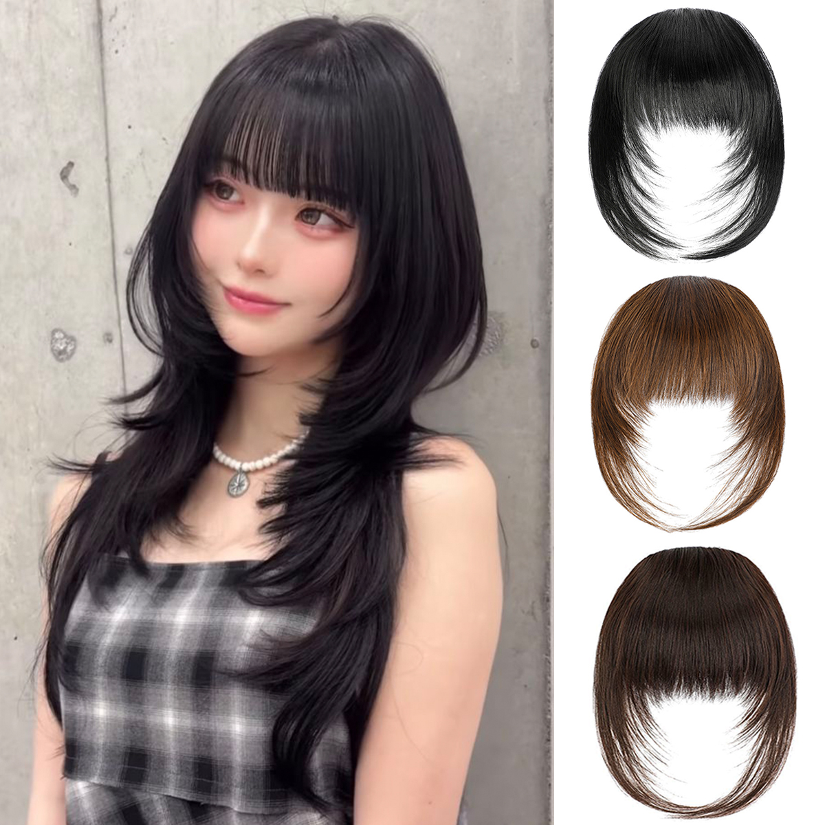 Peluca sintética con flequillo de cómic de alto nivel, flequillo con clip para la frente para mujer, negro natural resistente al calor para uso diario