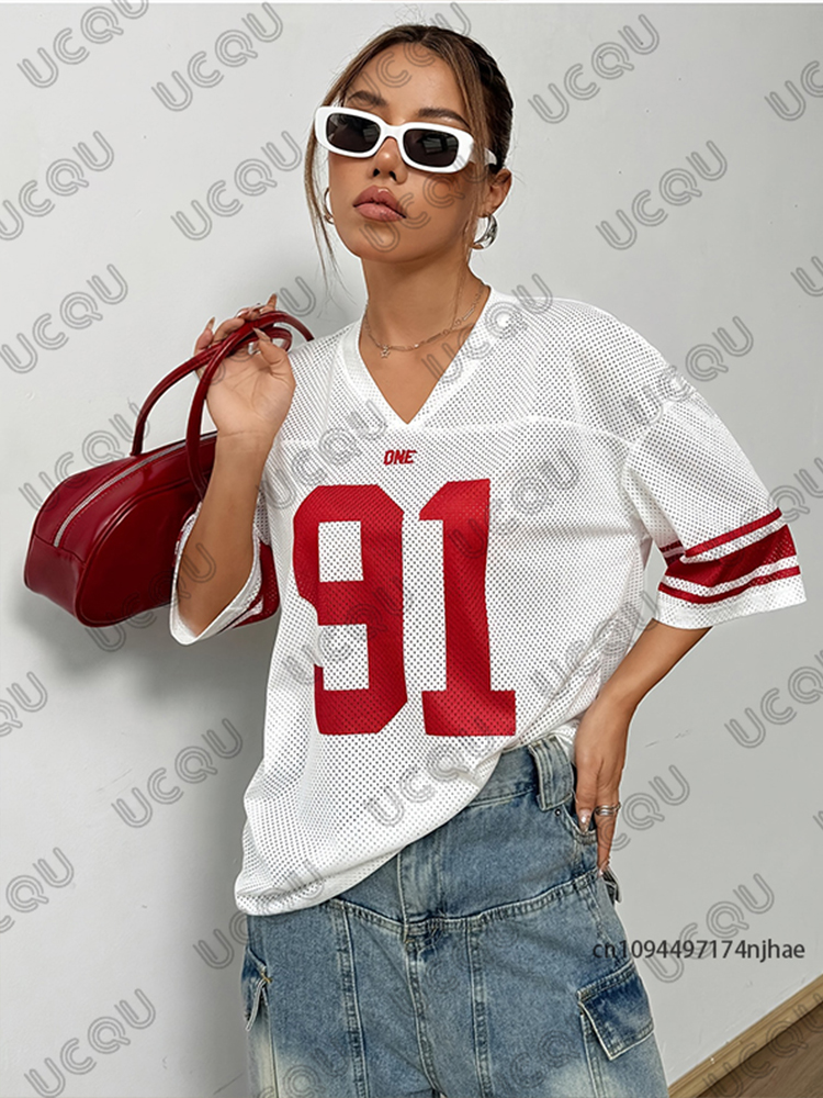 Kaos Wanita Putih No.91 Motif Cetak Terbaru 2026, Kerah V Lengan Pendek Bahan Mesh, Jersey Olahraga Sepak Bola, Gaya Y2K Kasual Oversize