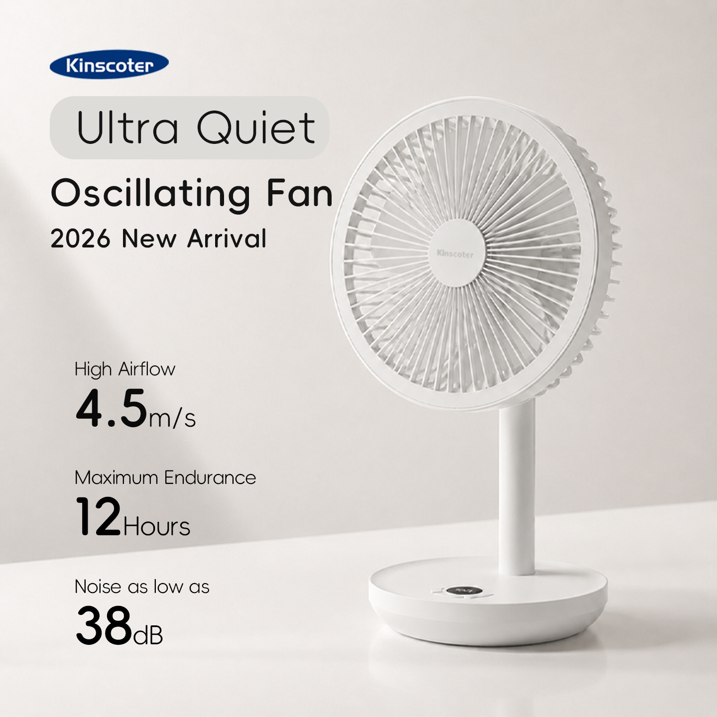 BLDC Oscillating Desktop Fan 4000mAh 5 Wind Speeds Silent Portable Rechargeable Fan with Timing Function for Home Room Gift