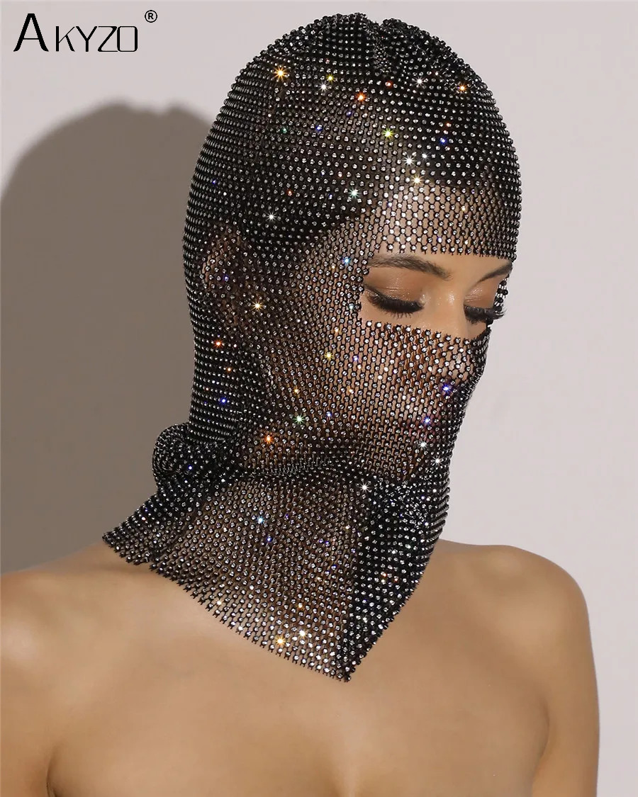 Mulheres Diamantes Sparkly Balaclava, Chapéu Turbante, Fishnet Oco, Strass Headhood, Clube Festa Rave, Máscara de Cabeça, Headcover, Headcover, Y2K