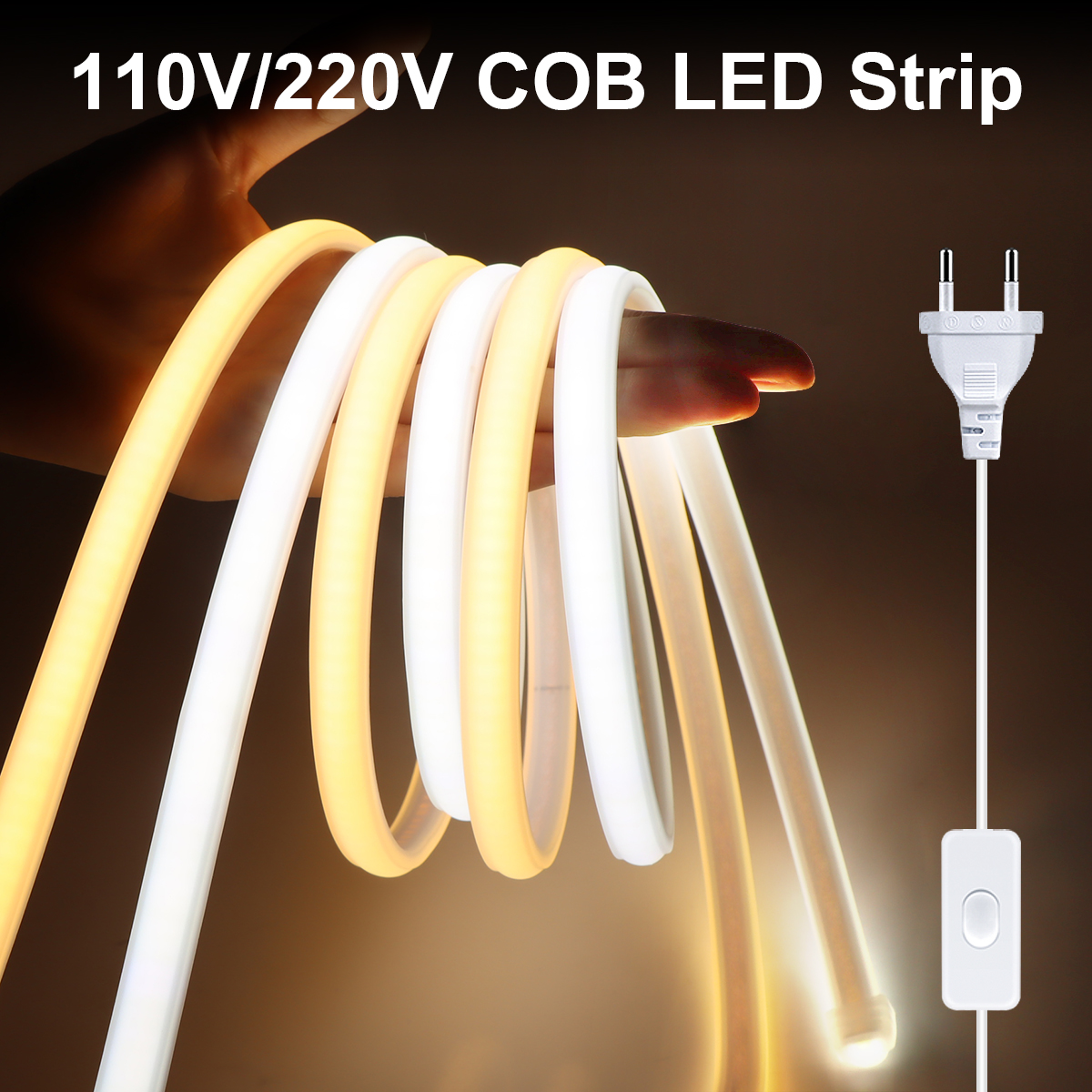 Super Bright COB LED Strip Lights, lâmpada ao ar livre flexível, impermeável, cozinha e casa, decoração de iluminação do quarto, 288LEDs por m, 220V