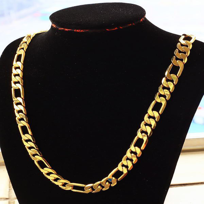 Collier chaîne pour hommes couleur or pur, bijoux, plaqué or 24 carats 10mm, collier chaîne Figaro lourd pour hommes 20 "22" 24 "26", 28 "30"
