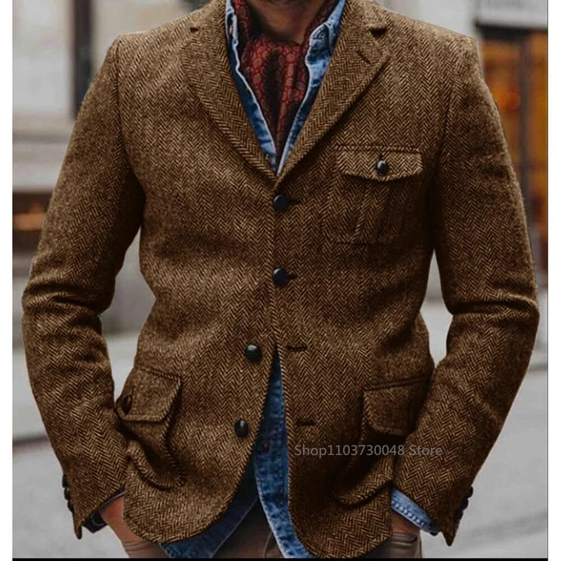 Herrenjacke mit Fischgrätenmuster, einreihig, elegant, lässig, schmal, Bühnenanzug, Jacken, Suite für Herren, neu in Anzügen und Blazern, Herrenmantel