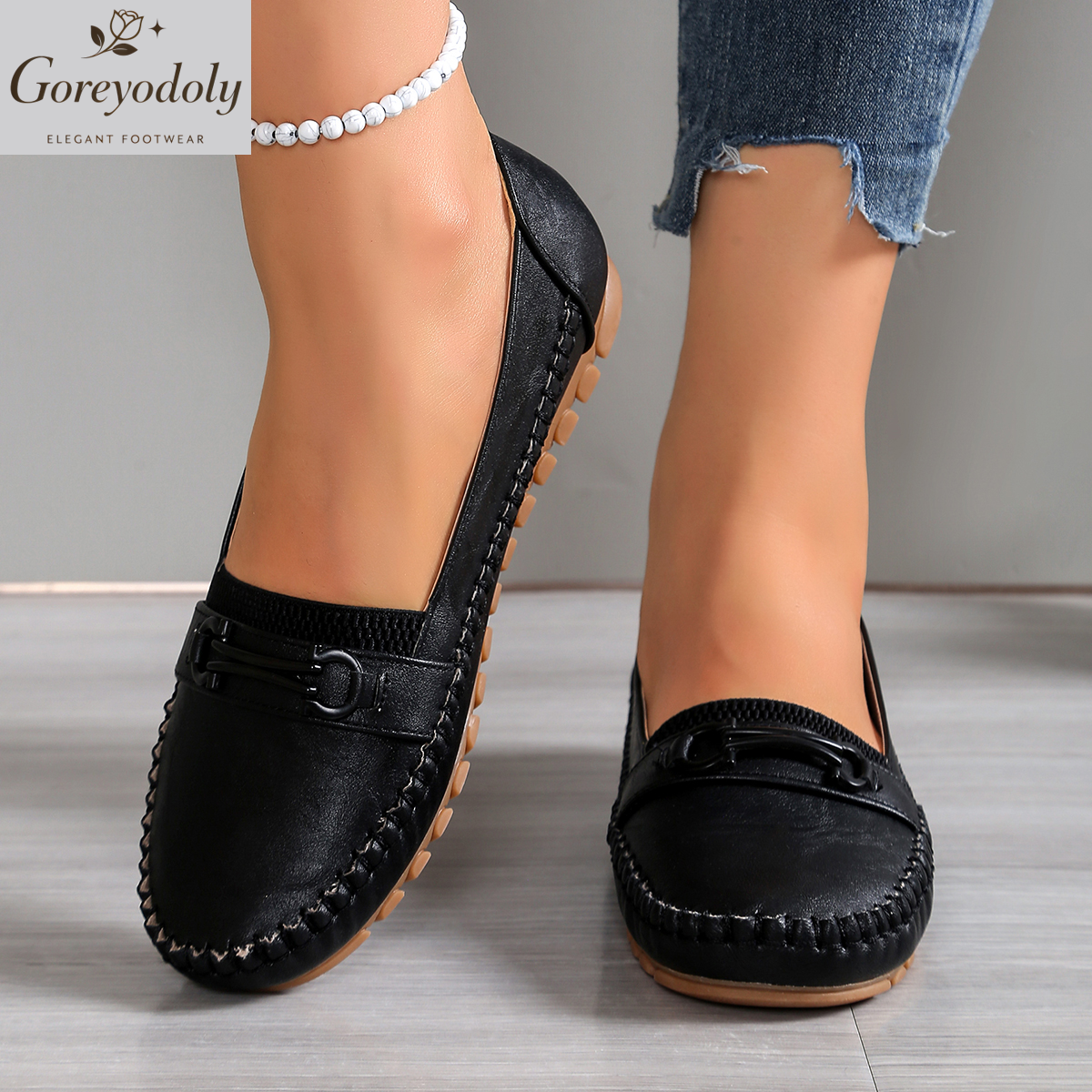 goreyodoly Comfortabele instappers voor dames, lichtgewicht, ademende, brede flats met kettingdecoratie