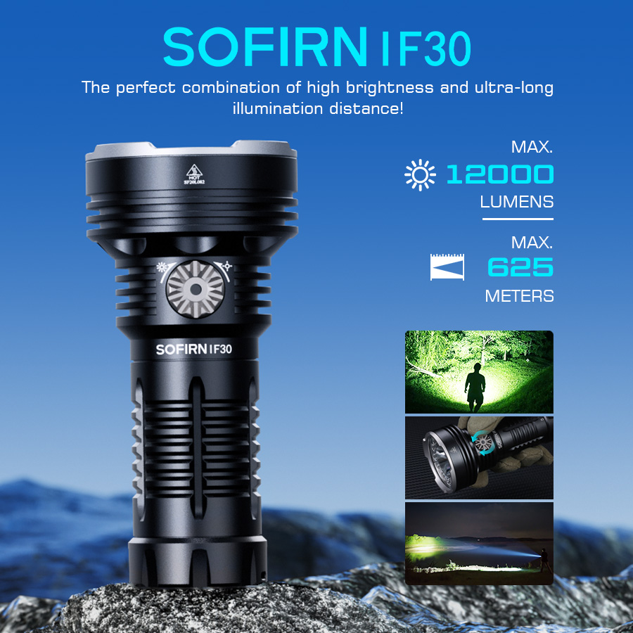 SOFIRN IF30 Mocna latarka EDC ładowana przez USB C, wodoodporna IPX8, 32650 12000lm, lampa SFT40, przenośna latarka