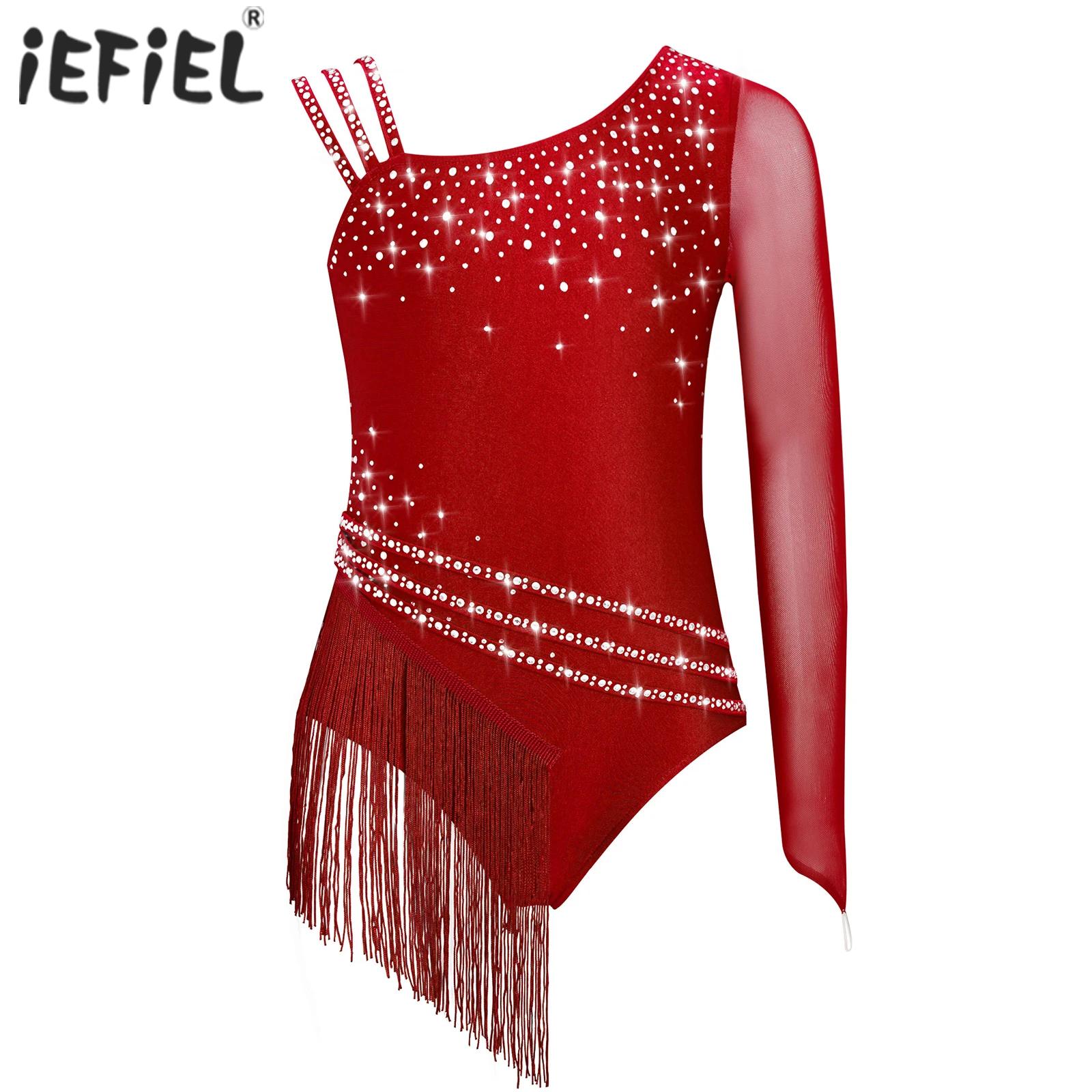 Crianças meninas ballet ginástica collant strass franja bodysuit irregular borla unitard para patinação artística dança desempenho