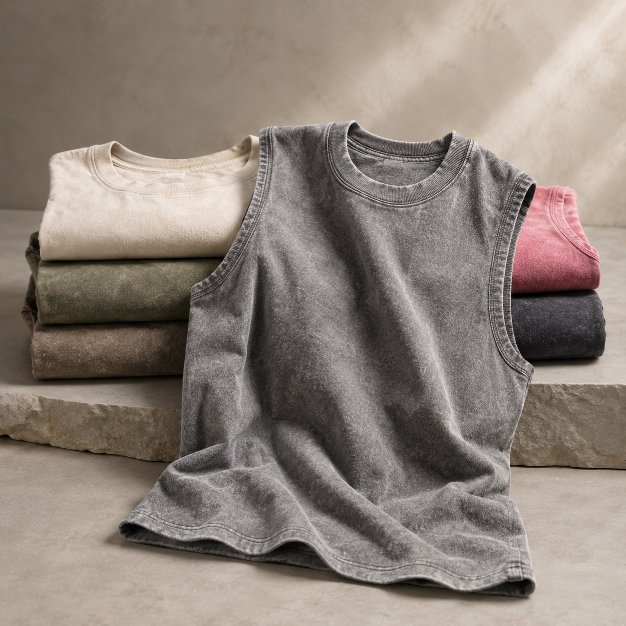 Wysokiej jakości męski tank top z bawełny pranej, 230G, bez rękawów, sportowa koszulka na siłownię, luźny krój vintage, odkryte ramiona, letnia koszulka do biegania i na plażę.
