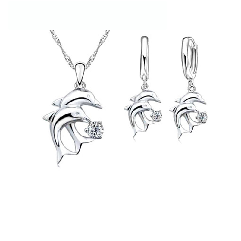 Ensemble de bijoux de mariée couleur argent Sterling 925, colliers en cristal Design dauphin, boucles d'oreilles créoles pour femmes et filles, anniversaire de fiançailles