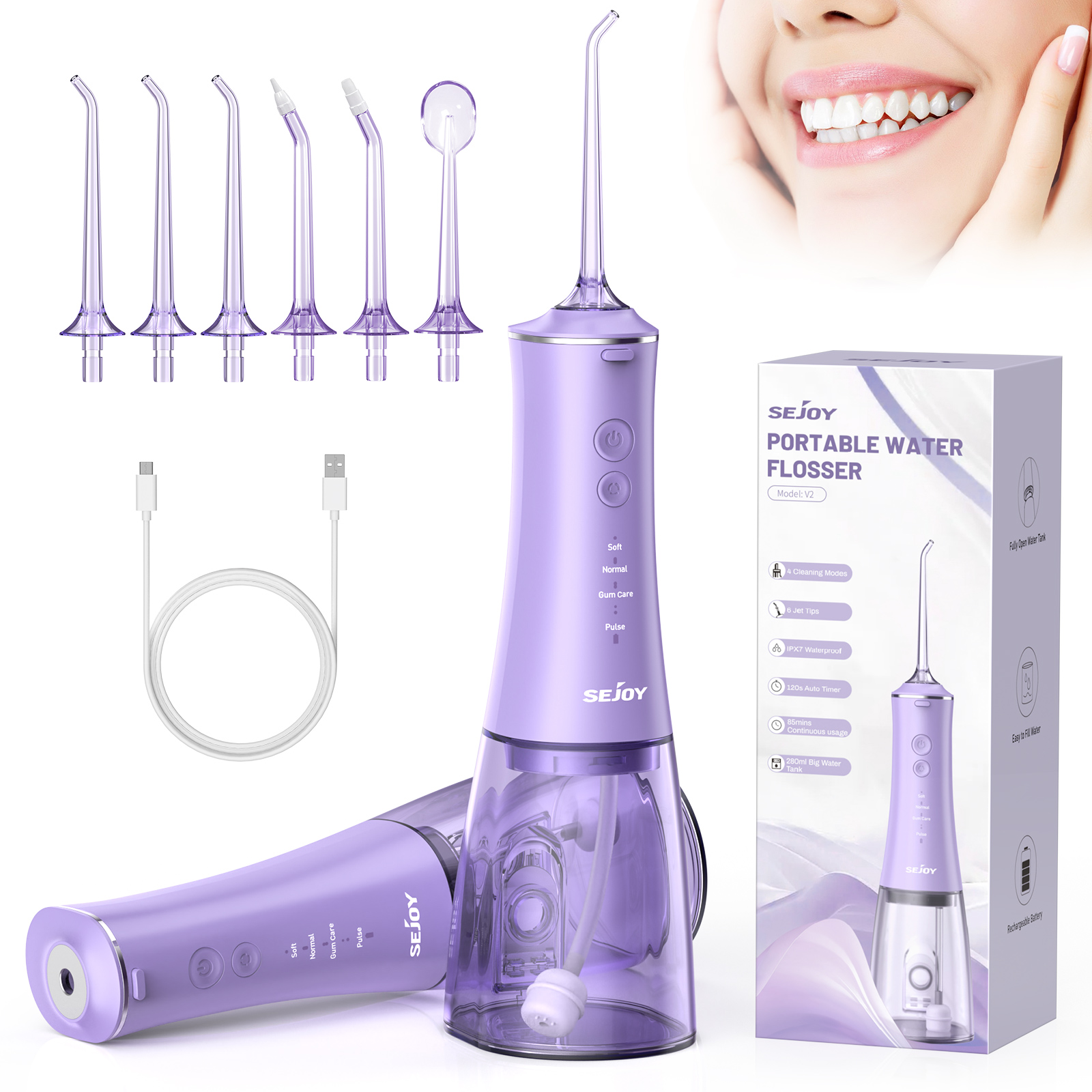 SEJOY Hydropulseur Portable pour Blanchiment Dentaire, Réservoir 230ML, 5 Modes, 8 Embouts de Jet, Nettoyage Dentaire