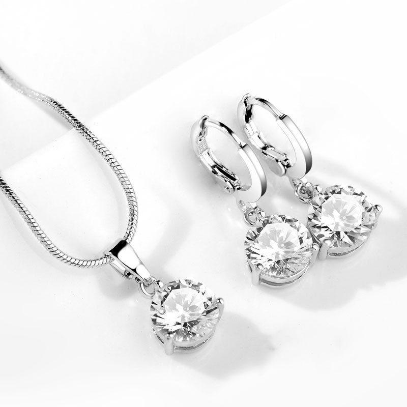 925 Sterling Silver Trendy Crystal Pendant Necklace Earrings Jewelry Set for Women Girls Wedding Engagement Fashion Jewelry