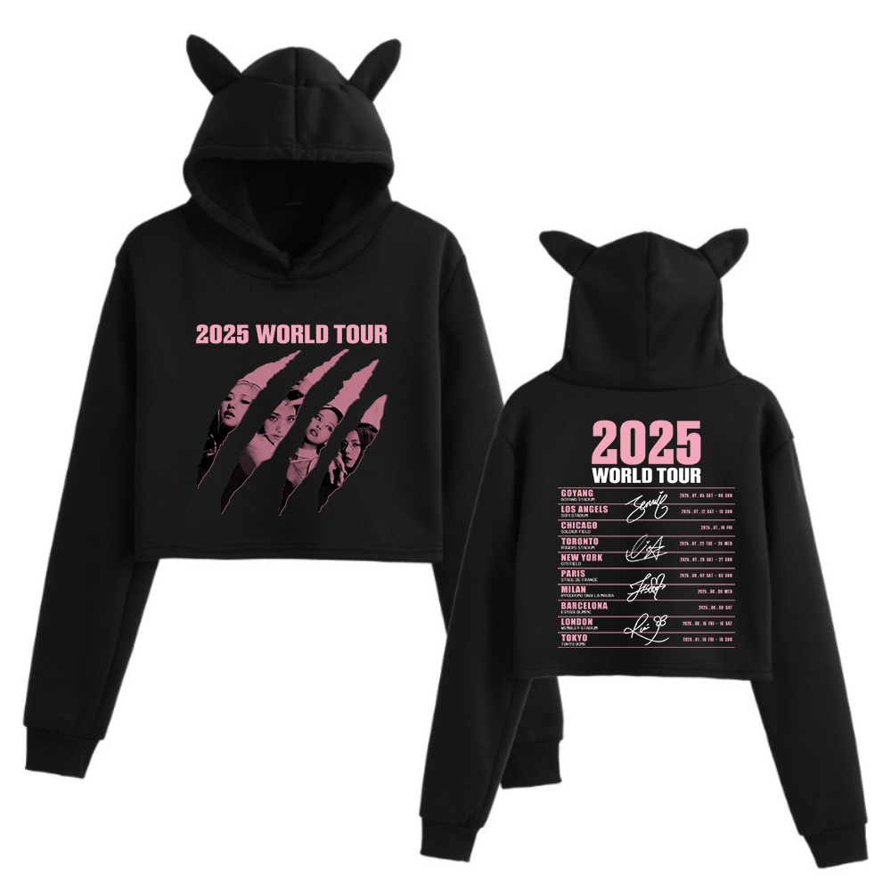 2025 Black World Tour Merch Cat Ears 2 caras de manga larga Crop Tops Niñas Moda Sudadera con capucha