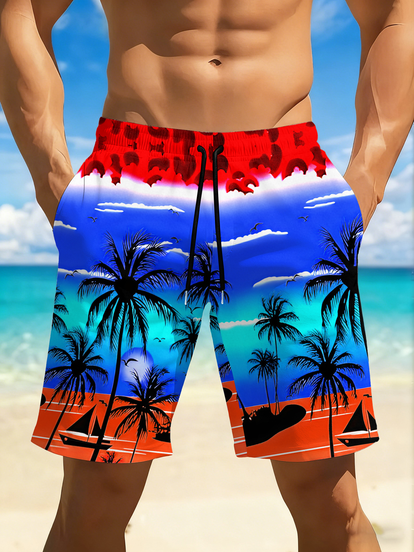 Schnell trocknende Badeshorts für Herren, Sommer-Strandshorts mit buntem tropischem Sonnenuntergangs-Palmenmuster und Kordelzug sowie Taschen