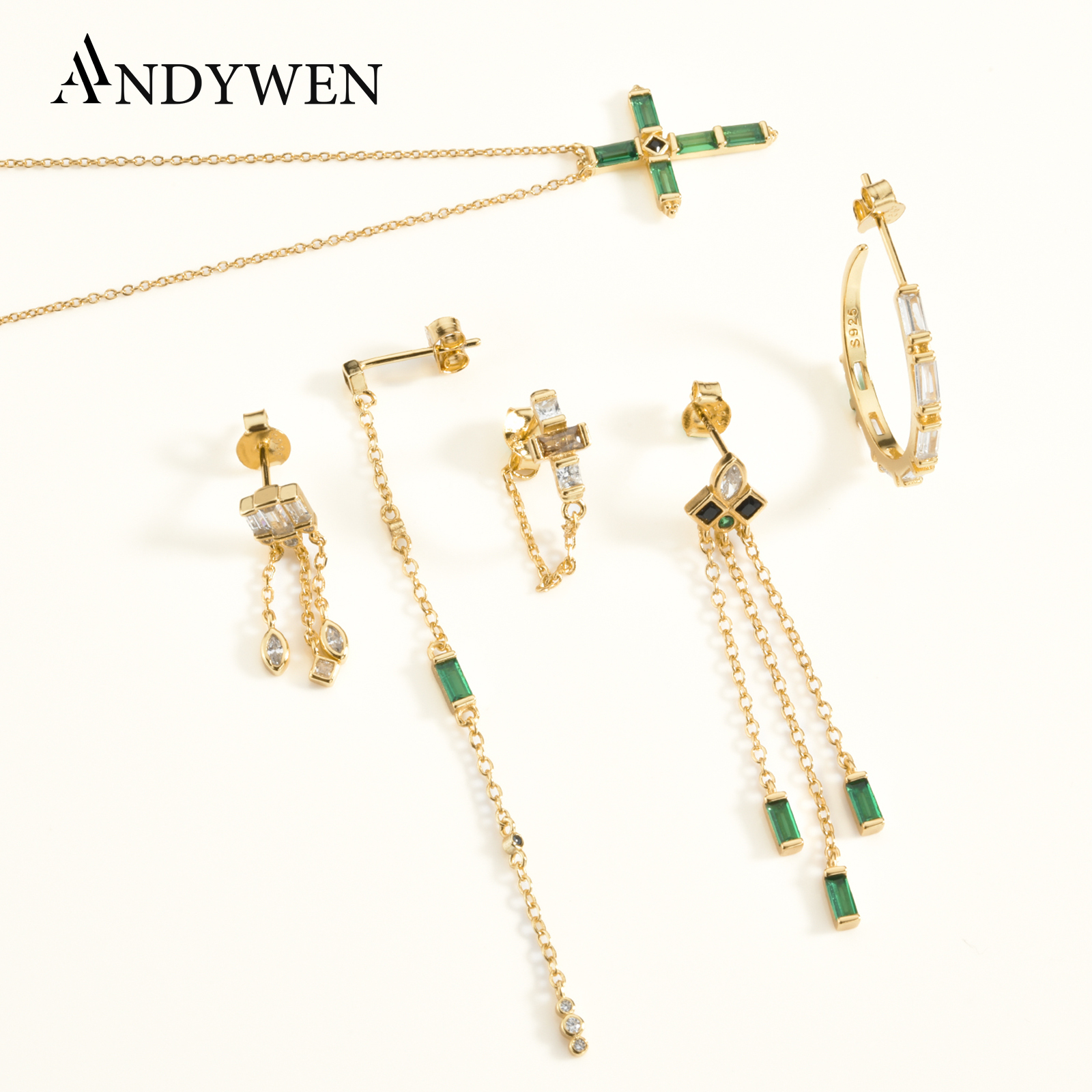 ANDYWEN-pendientes de cadena de circonita negra, Plata de Ley 925, oro, verde, Piercing, collar, Anillo, conjunto de joyería, Anillo Fino Sabrina Zircon