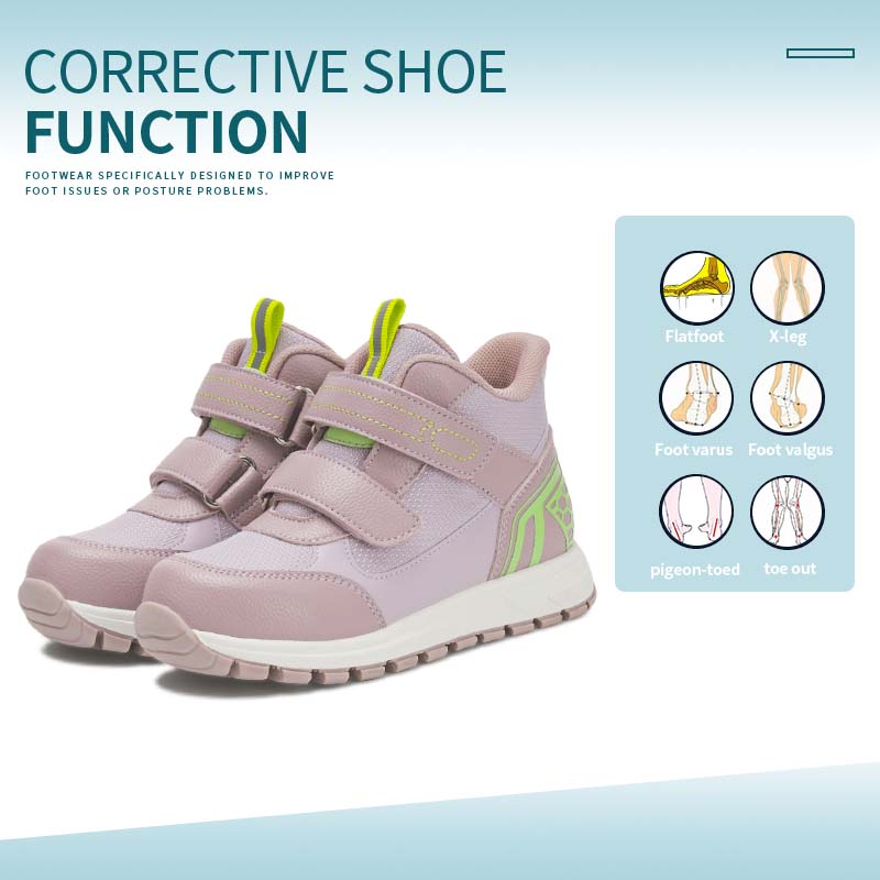 Buty ortopedyczne dla dzieci Princepard, różowe botki dla dziewczynek z wysoką cholewką i wsparciem łuku stopy, na paluch koślawy, z wkładką korygującą.