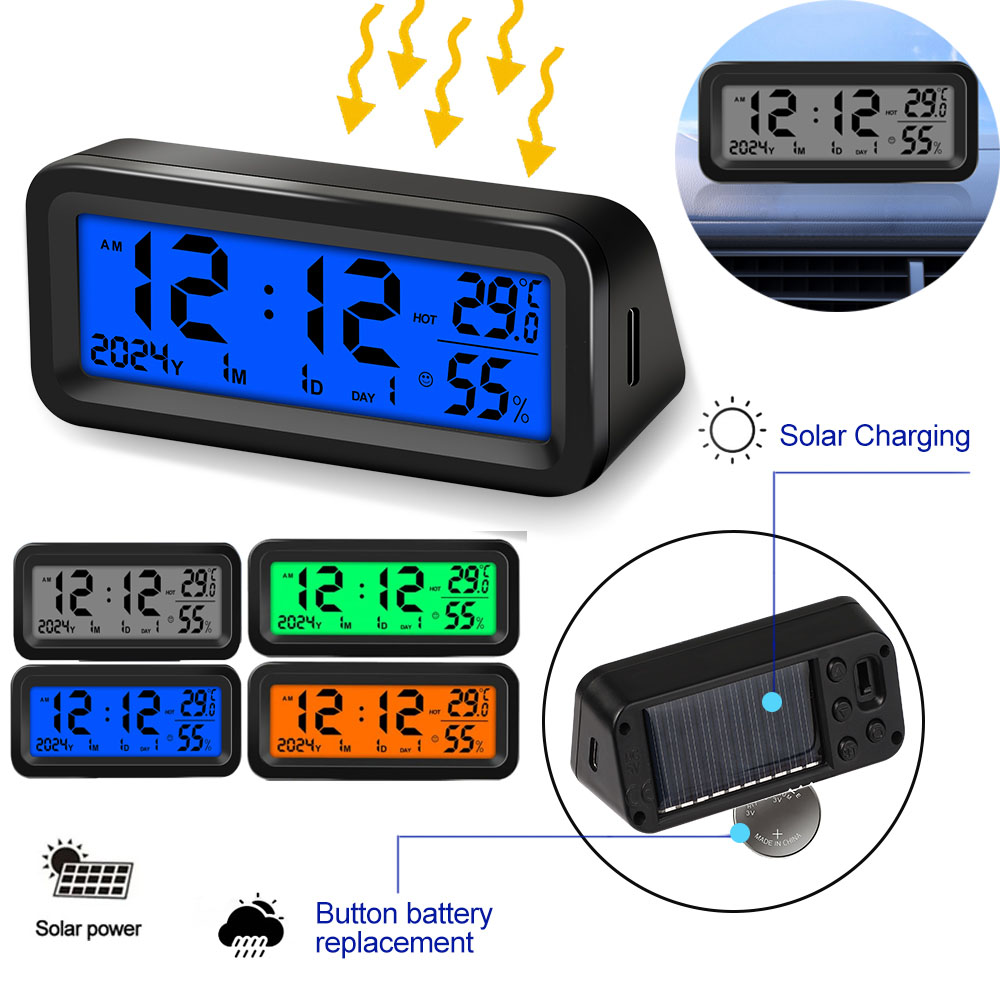 Digitale klok voor zonne-auto's Led digitale klokthermometer Hygrometer DisplayTime met lichtgevende auto-accessoires aan de achterkant