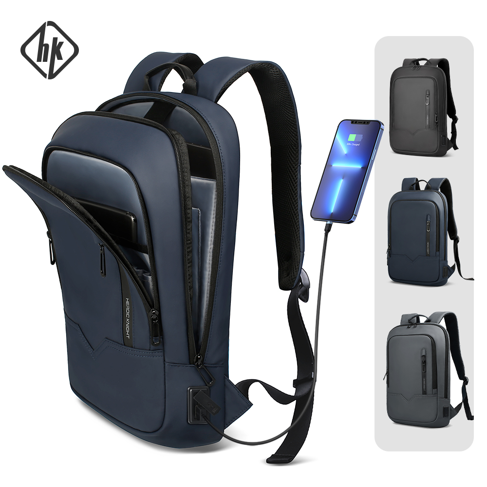 HK Slim กระเป๋าเป้สะพายหลังสําหรับชาย 15.6 นิ้วกระเป๋าแล็ปท็อปกันน้ํา Minimalist กระเป๋าเป้สะพายหลังธุรกิจพร้อม USB ชาร์จ Casual Travel กระเป๋าทํางาน