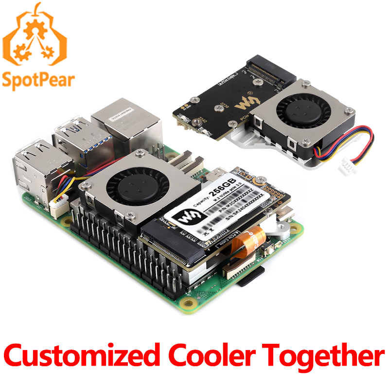 Placa SSD Raspberry Pi 5 PCIe a M.2 Mini NVMe (E) con enfriador activo personalizado, placa adaptadora Waveshare PCIe a M.2 (E