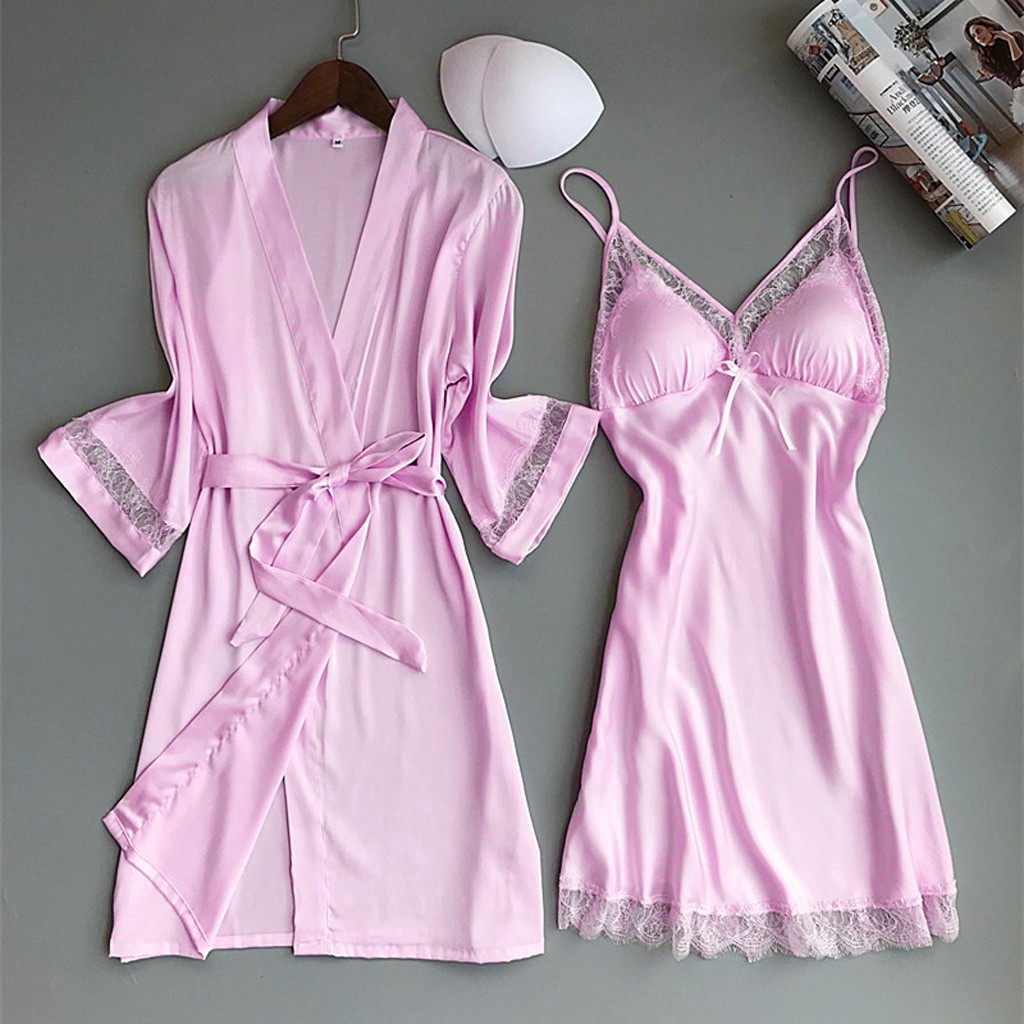 Neues zweiteiliges Set aus Satin-Seidenpyjamas für Damen, einfarbig, Spitzenkante, sexy modische Roben und Hosenträger-Nachtwäsche-Kleid