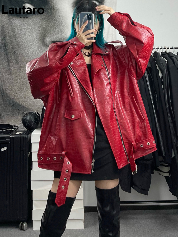 Lautaro primavera outono oversized vermelho brilhante crocodilo padrão couro biker jaqueta feminina manga longa zíper cinto legal moda 2022