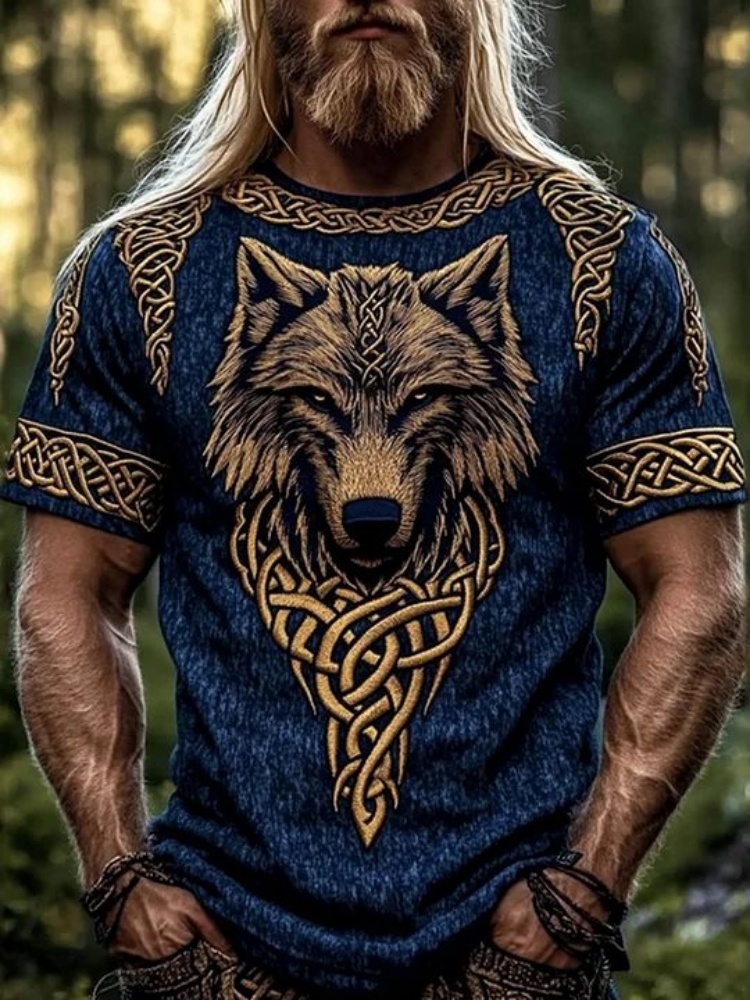 Tribal Style 3D Wolf Print Men's T-shirt Men's Sports And Fitness Short-sleeved Shirt Outdoor Street Men's Fashionable Top