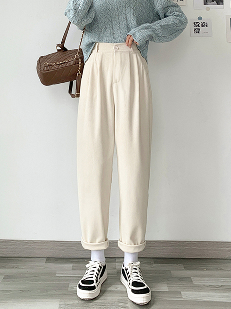 Zoki eleganckie sztruks Retro spodnie damskie proste luźne proste spodnie koreańskie wysoki stan damski, wiosenny solidne szerokie nogawki nowe