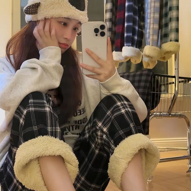 Acolchoado engrossado calças de perna larga inverno lambswool xadrez calças femininas cintura alta casual calças retas