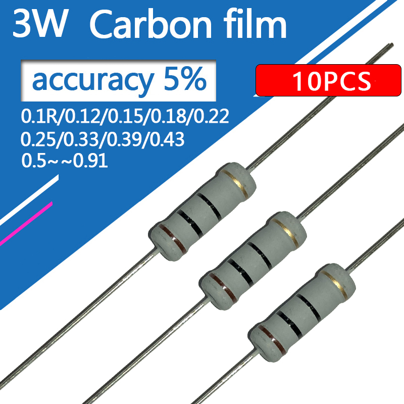 10 stks 3 W Koolstoffilm 0.1 0.12 0.15 0.18 0.22 0.25 0.27 0.33 0.39 Ohm R Metaaloxide film Weerstand 5% 0.1R 0.15R 0.22R 0.1R-1M