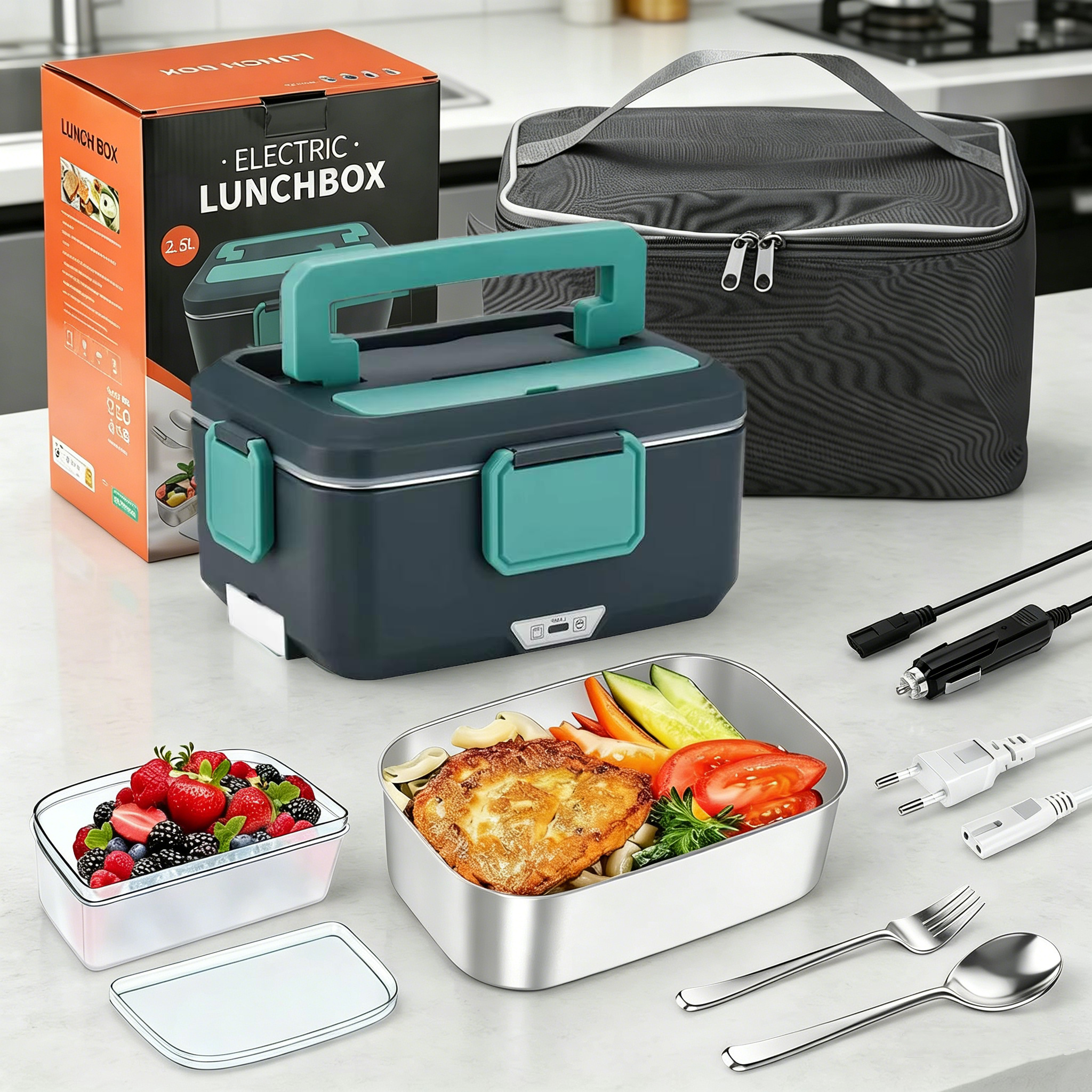 Przenośny Elektryczny Podgrzewany Lunch Box 90W Stal Nierdzewna Odłączana 2.5L Miska Grzewcza/Pojemnik na Lunch do Samochodu/Biura/Pojemnik na Jedzenie do Mikrofalówki
