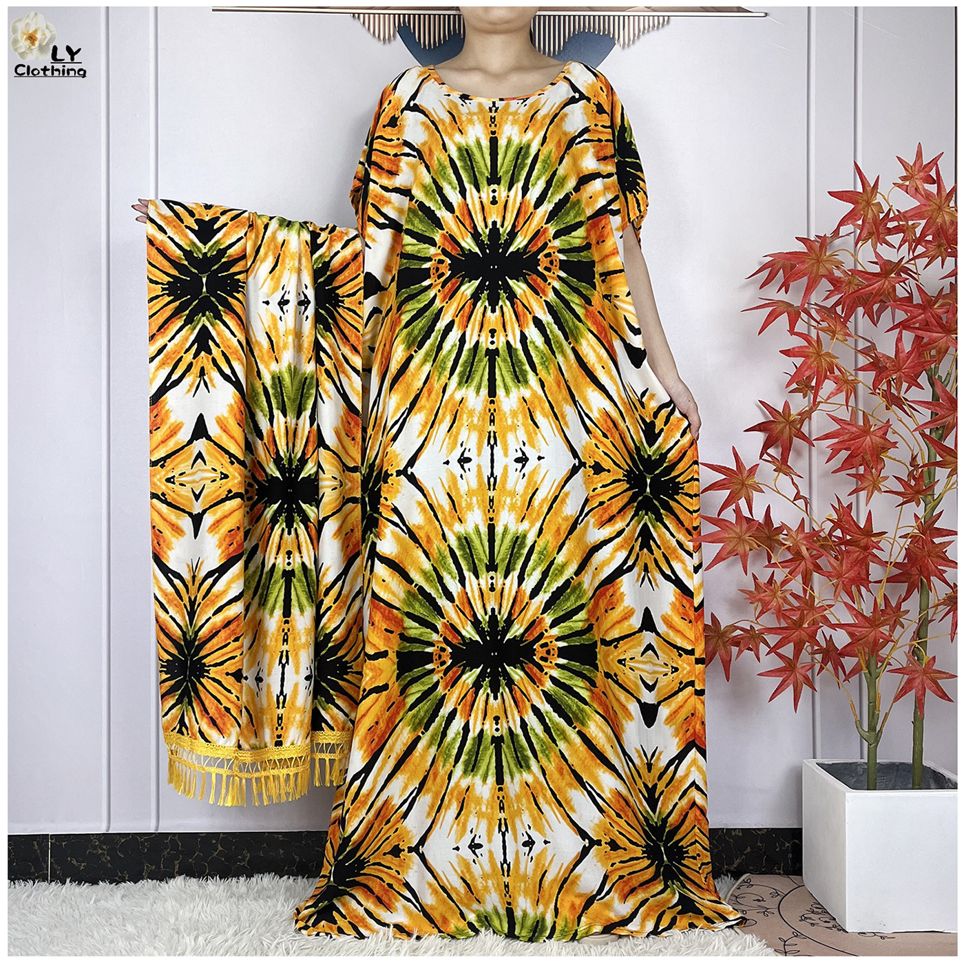 Verão dubai moda senhora roupas de algodão macio tie-tingido solto maxi islam feminino manga curta africano abaya vestido com lenço grande