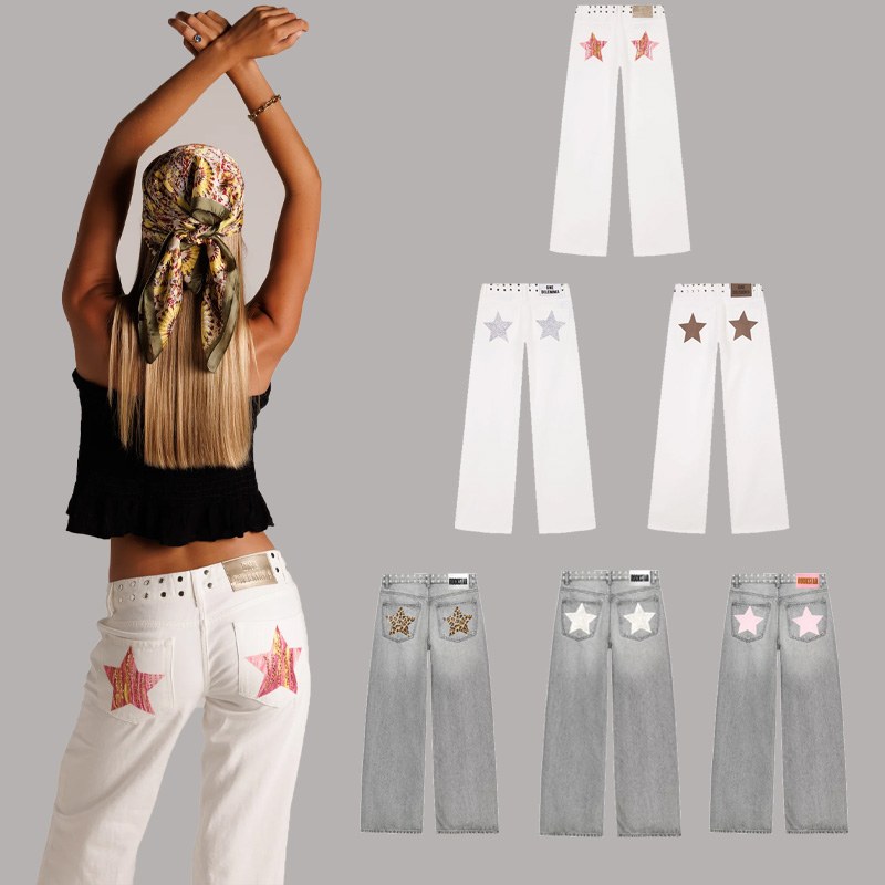 Dilemma Women's Jeans Y2K Stylish Star Graphics Hip Hop High Street Baggy Jeans Retro Harajuku Unisex Straight Through Jeans