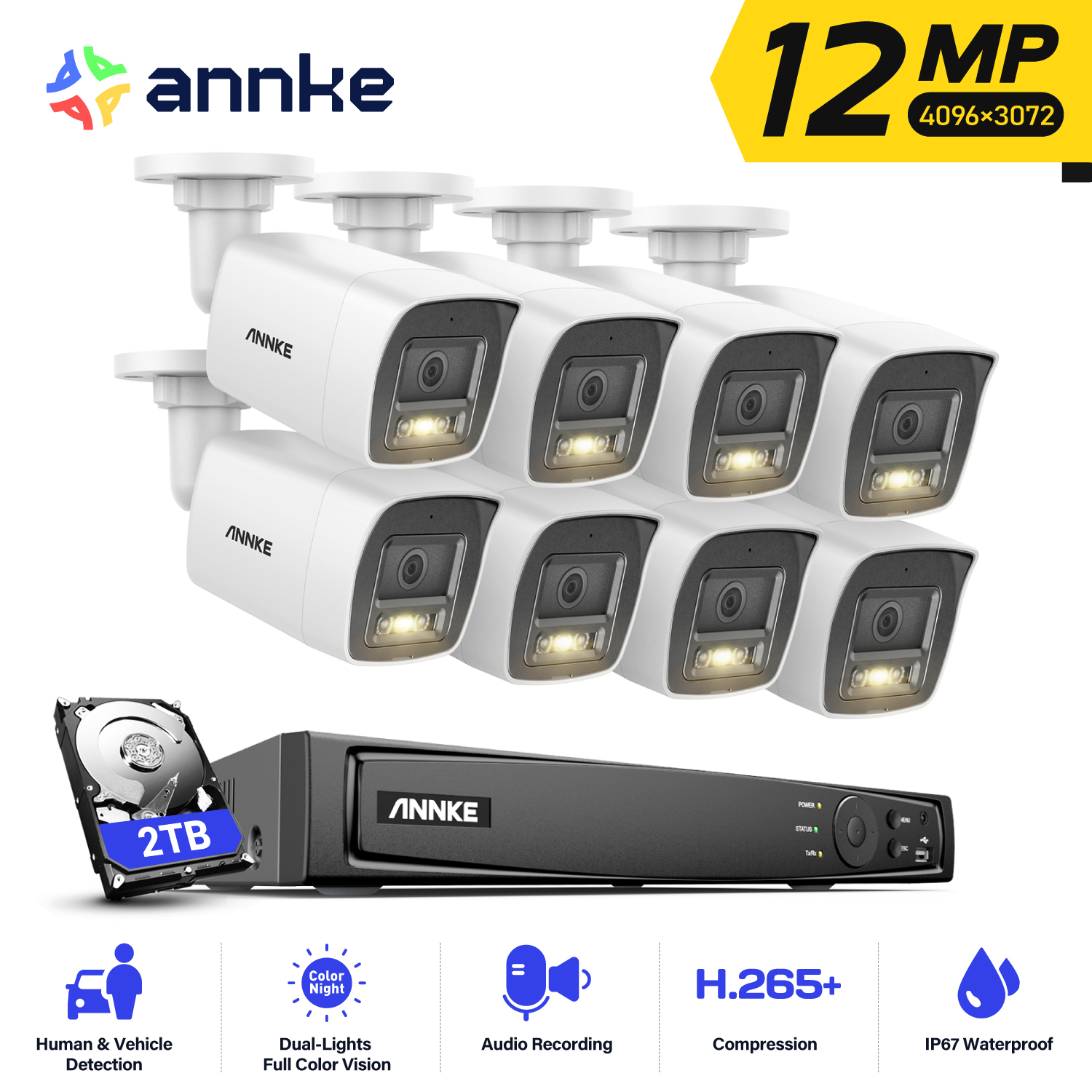 ANNKE-cámara de 12MP, Kits de seguridad de vídeo CCTV, seguridad inteligente de doble luz, 8 canales, NVR, Color y cámara de vigilancia de visión nocturna IR