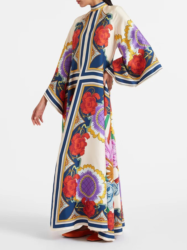 Abito da festa Patchwork con stampa Vintage, abito lungo da donna con maniche a tre quarti, abito da donna allentato con lacci