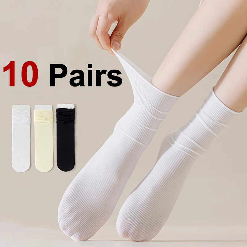 10 Paar mittellange Damensocken, trendige, vielseitige, schwarz-weiße, einfarbige, weiche, bequeme, leichte, atmungsaktive Freizeitsocken