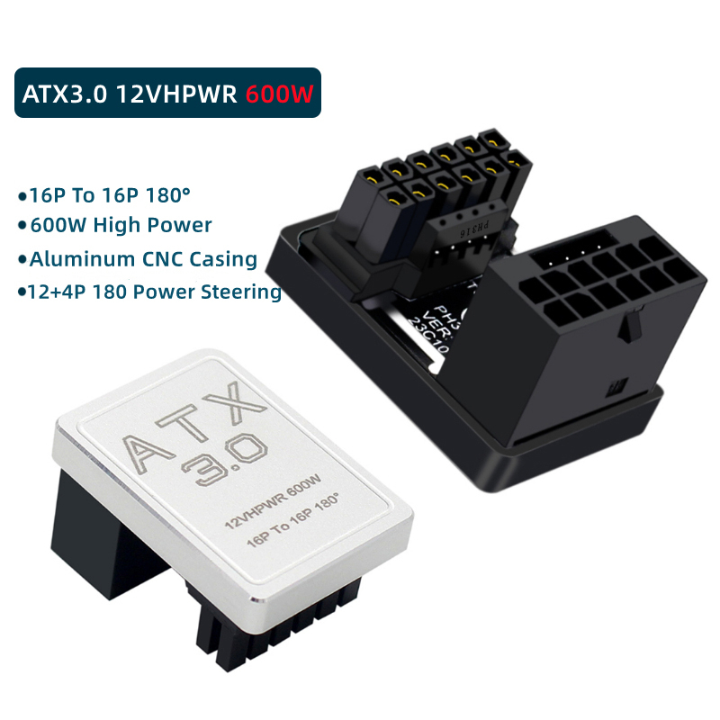 Tarjeta gráfica Nku PCIe5.0 ATX3.0 12VHPWR 600W adaptador de Cable de alimentación 12 + 4 pines macho a hembra conectores de giro de 180 grados