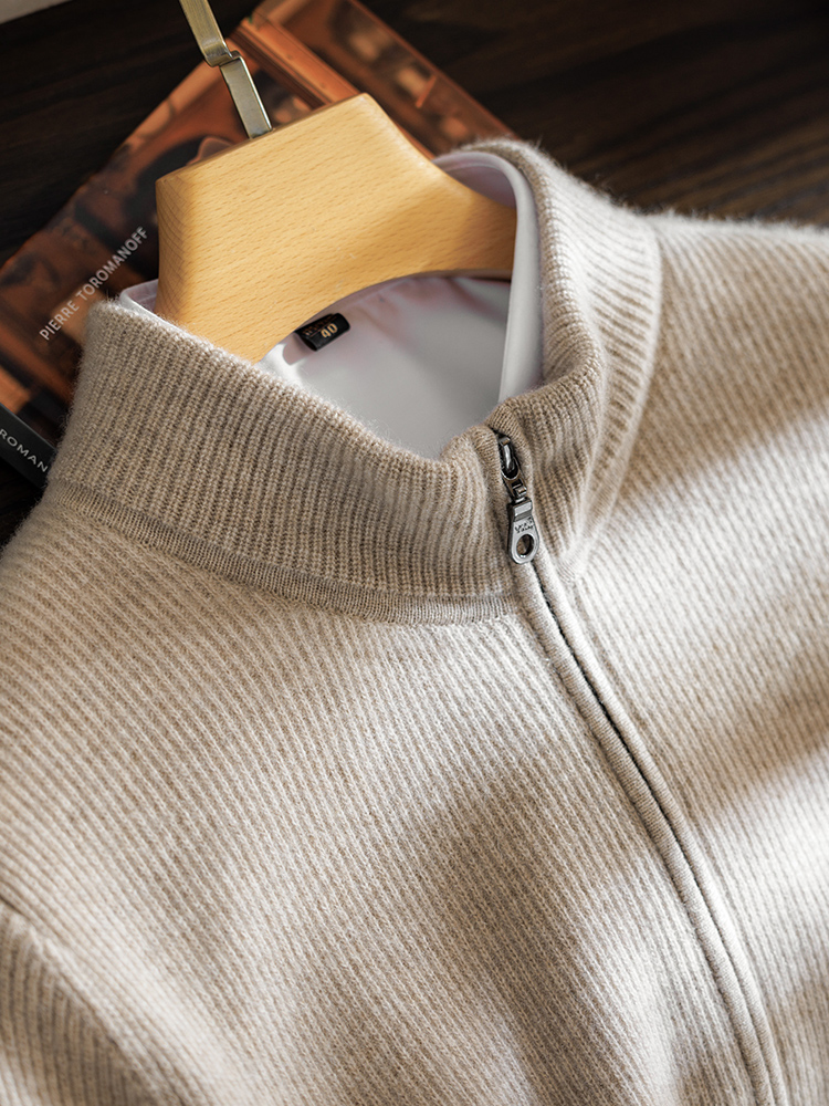 Suéter 100% de cachemira pura para hombre, cárdigan con cremallera y medio cuello alto, suéter de punto grueso medio cálido