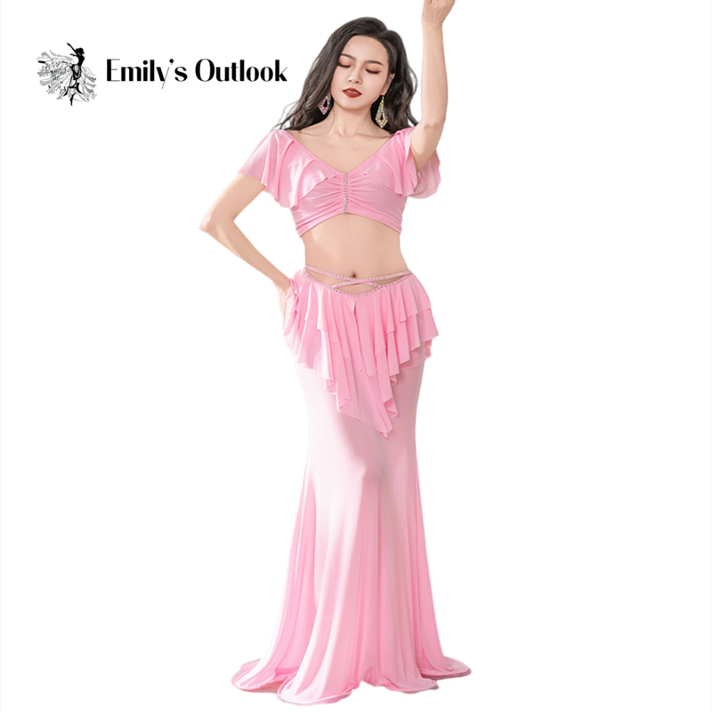 Arabische sexy buikdanskostuum 2-delige damesgaas podiumoutfit korte ruches mouw lange fishtail rok met heupsjaal volwassene
