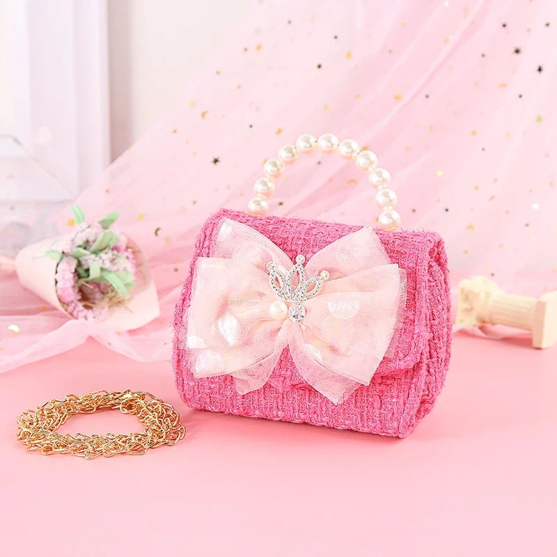 Bolso de hombro con corona de princesa rosa para niños, monedero con lazo de encaje, bolso cruzado con cadena para niñas pequeñas