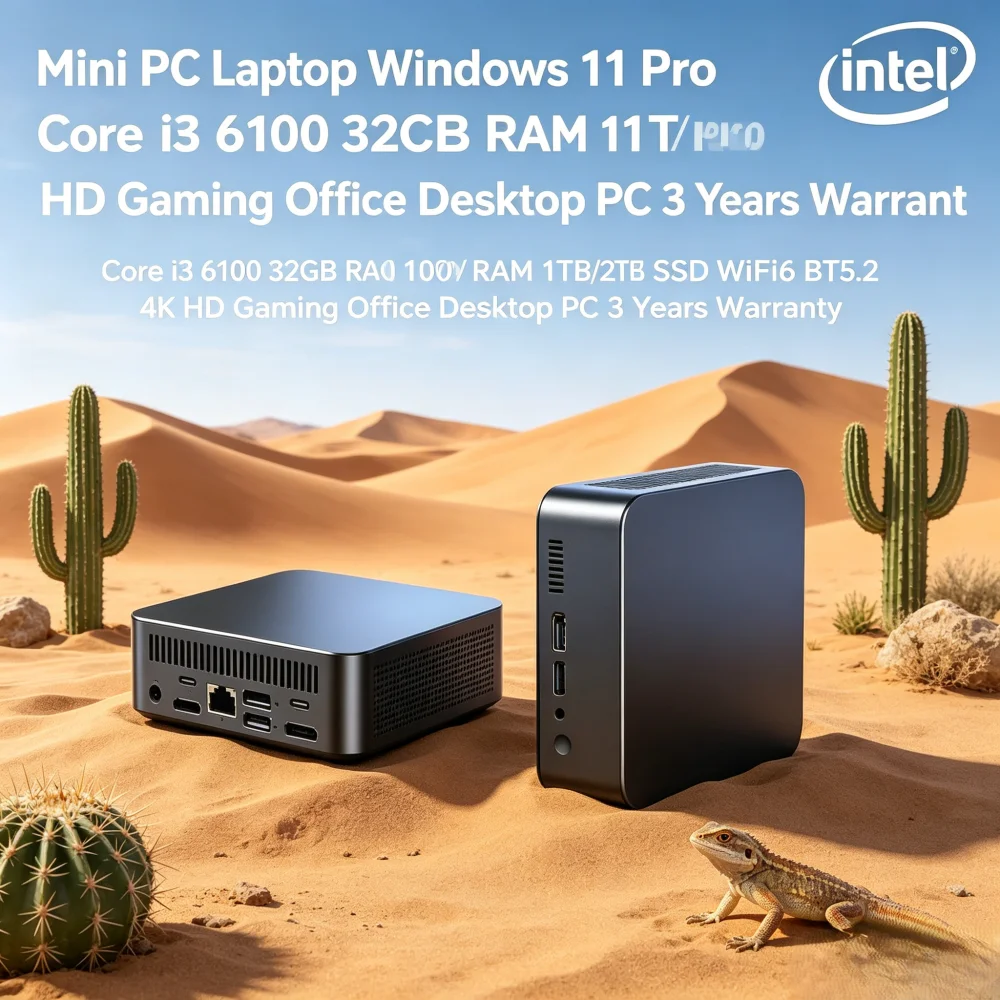 Mini PC Laptop com Windows 11 Pro, Core i3 6100, 32GB de RAM, SSD de 1TB/2TB, WiFi6, BT5.2, 4K HD, para jogos e escritório, com 3 anos de garantia.
