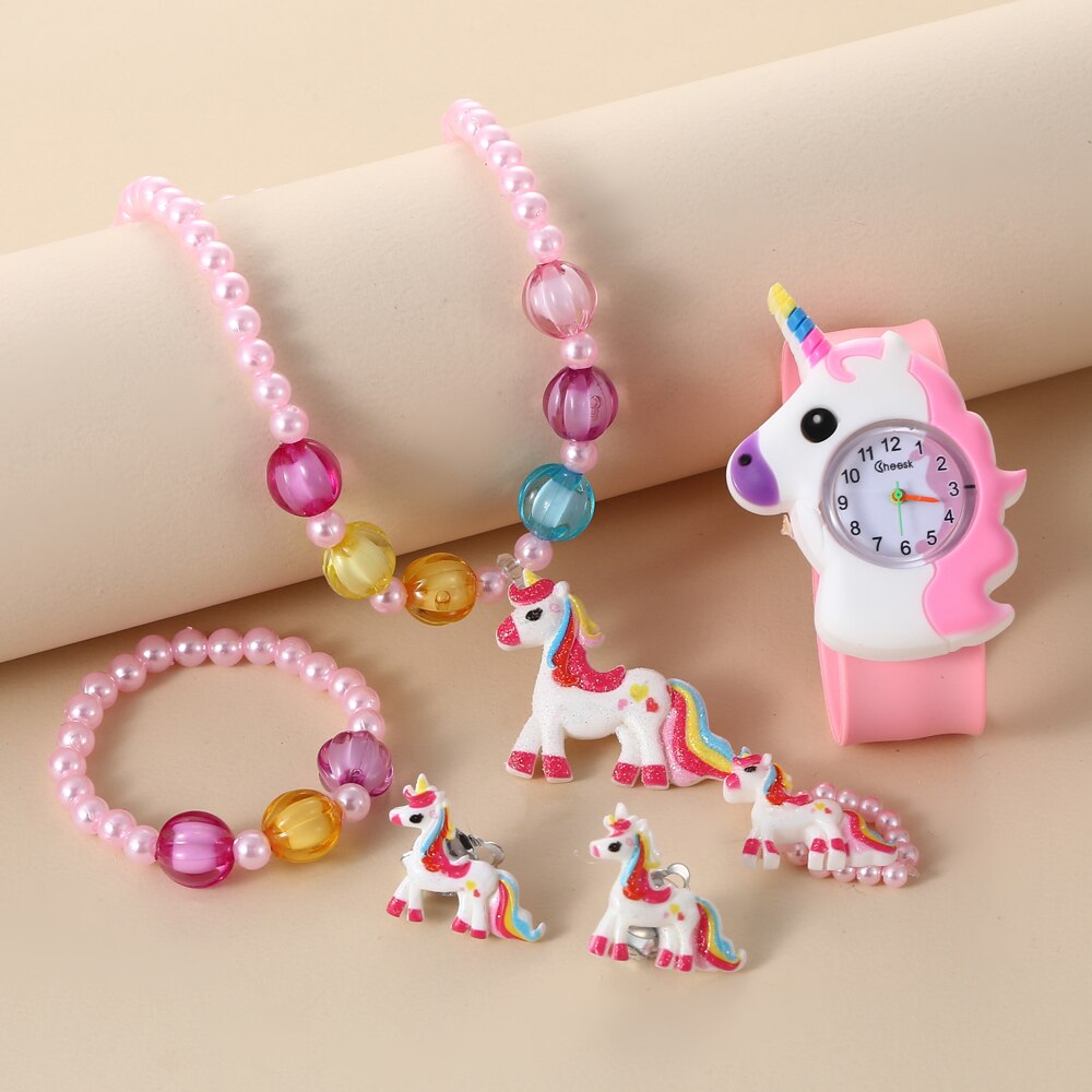 Relógio de cavalo arco-íris infantil Conjunto de jóias, colar, brincos, anel, pulseira, presentes para meninas