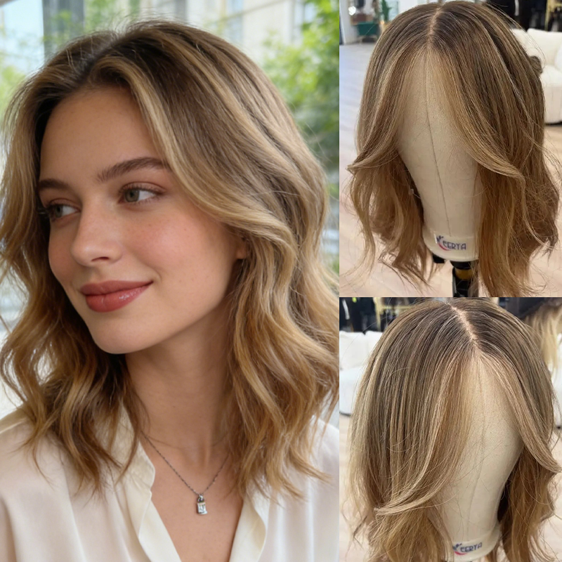 Wig Wanita Model Bob Rambut Sintetis Warna Pirang Cokelat Highlight, Garis Rambut Alami, Untuk Pemakaian Sehari-hari, Drag Queen, Tanpa Lem, Mudah Dipakai