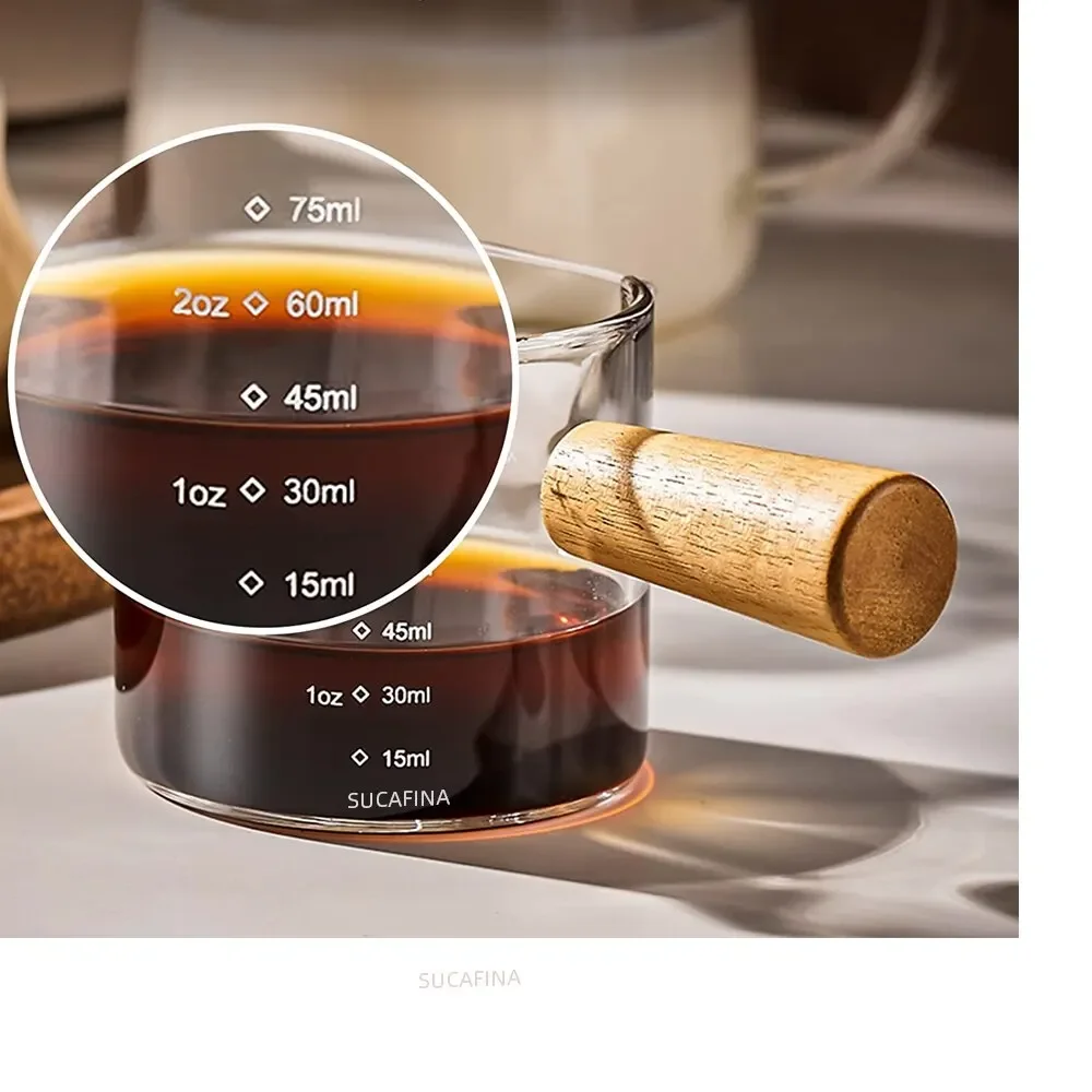 Tasse à mesurer en verre avec poignée en bois, 1 pièce, tasse à espresso en verre, double ou simple ouverture, pour lait et café, mug transparent, accessoires pour café
