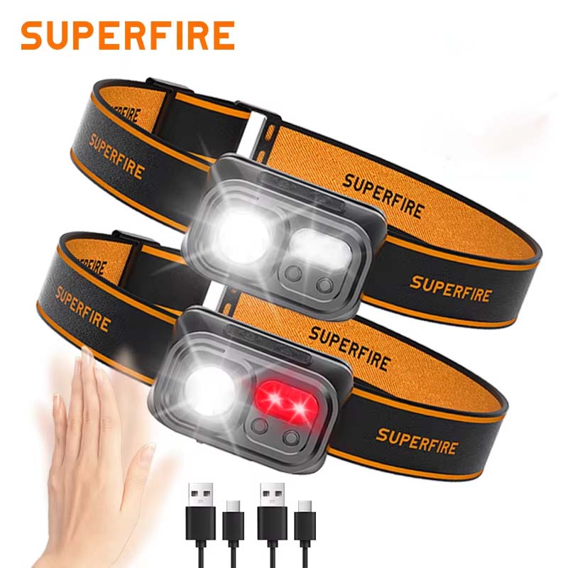SUPERFIRE – Mini lampe frontale puissante à capteur LED, Rechargeable par USB C, avec lumière rouge, pour le Camping, la pêche et les urgences