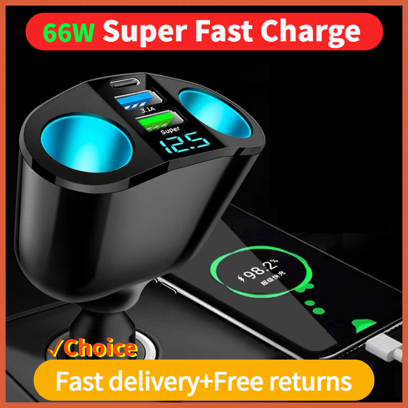 Auto Sigarettenaansteker 12V-24V Socket Splitter Blauw Sfeer Licht Pd Qc3.0 2 Usb Oplader C Poorten Voor Mobiele Telefoon Dvr Opladers